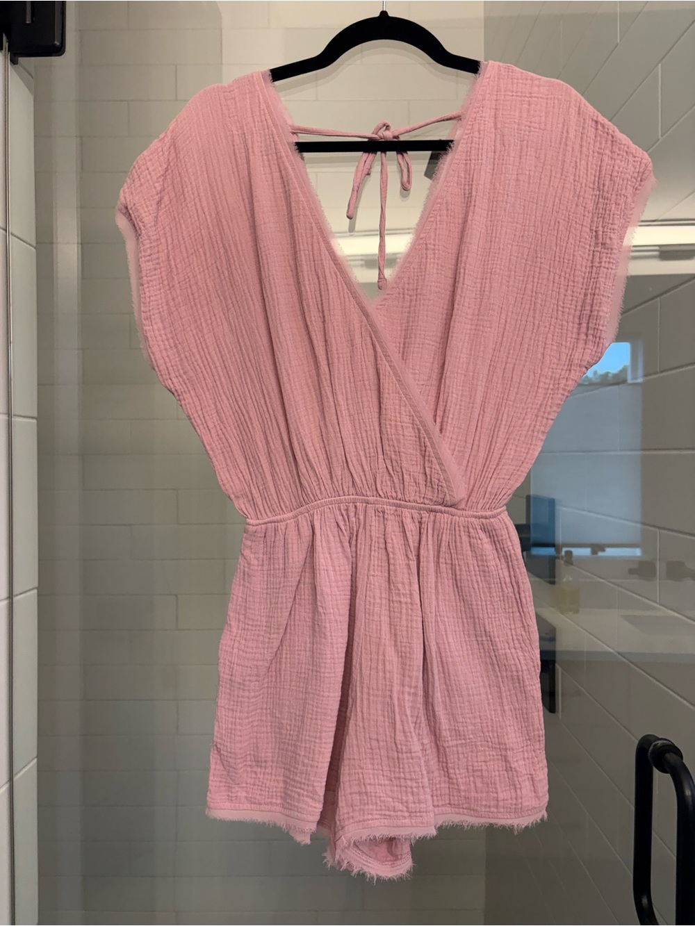 Big Waterblue sky - Pink Gauze Romper with Tie Back